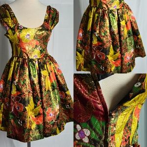 Vintage Gold Thread Printed Floral Mini Dress SM